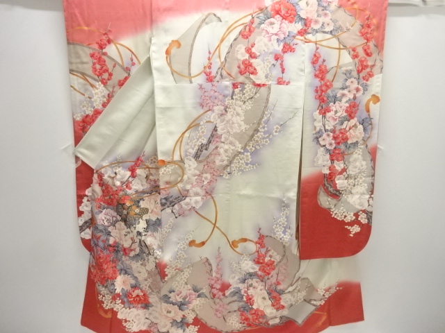 JAPANESE KIMONO / ANTIQUE FURISODE / SILK / FLORAL PLANTS